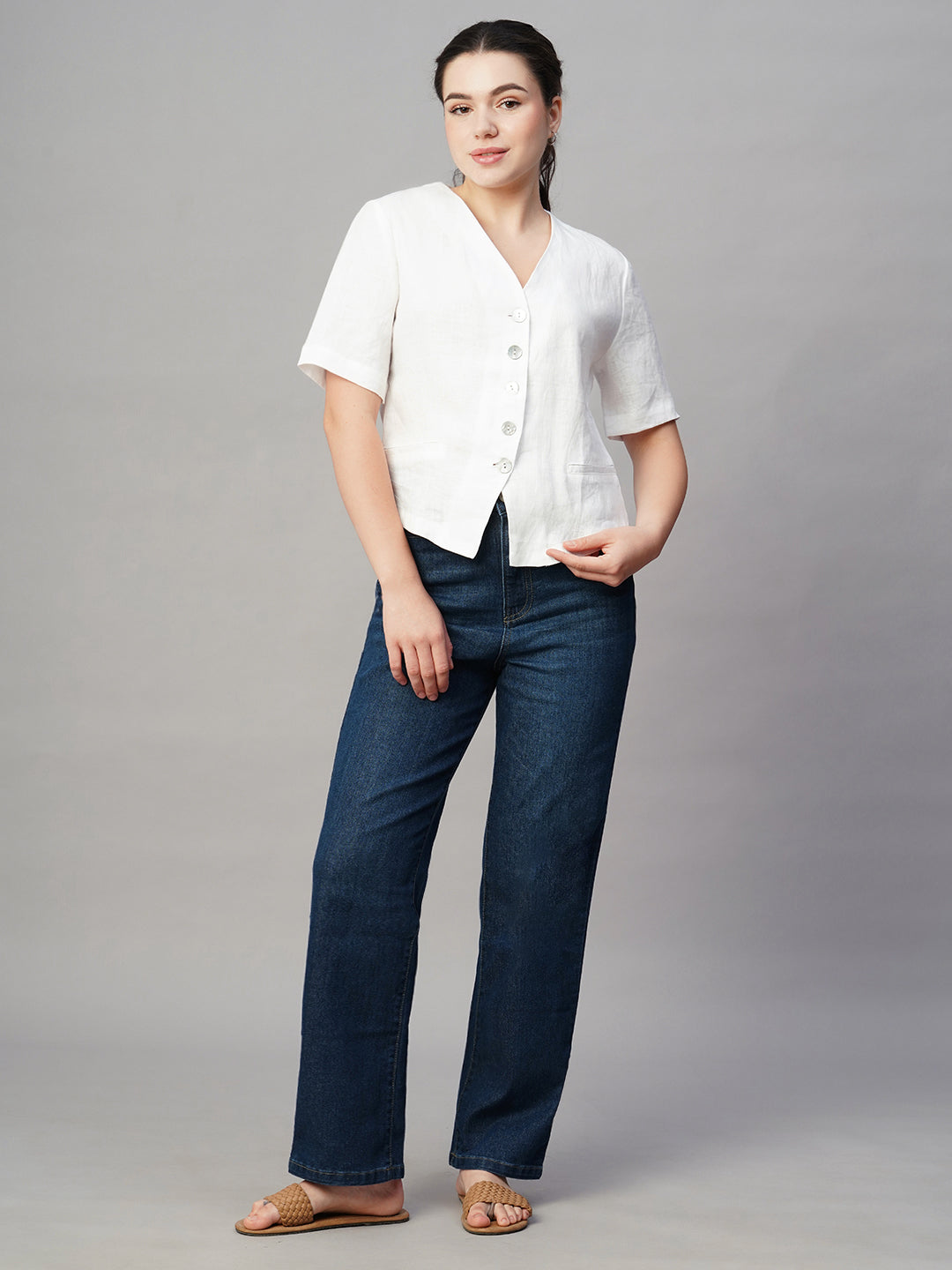 Women's White Linen Regular Fit Blouse