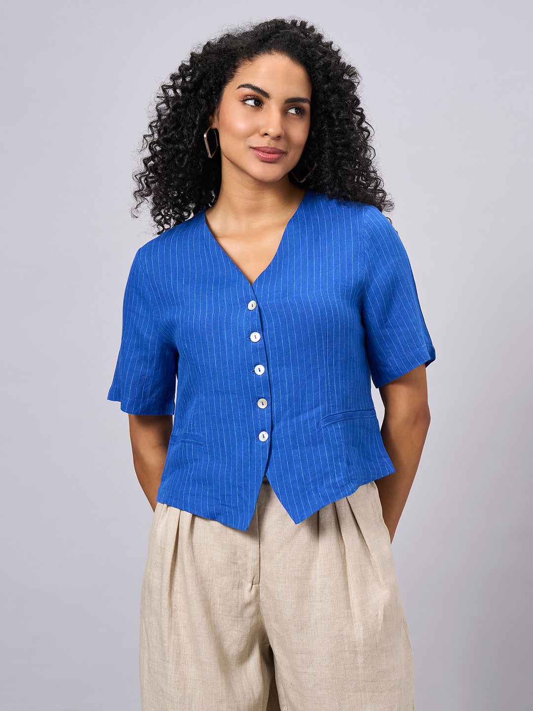 Women's Blue 100% Linen Slim Fit Blouse