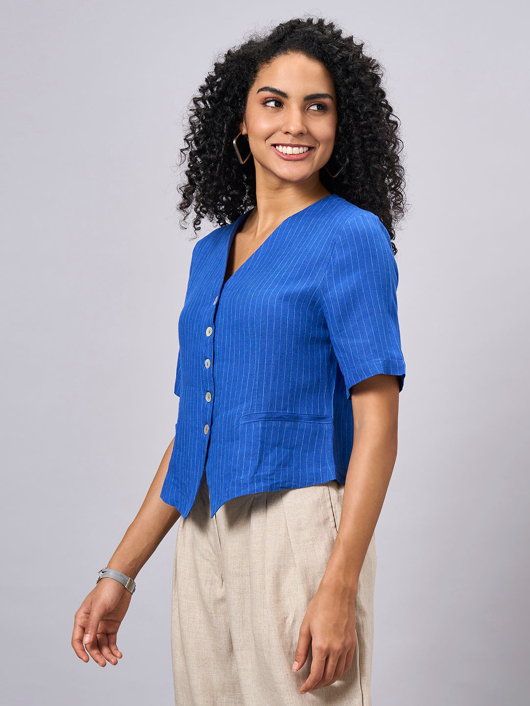 Women's Blue 100% Linen Slim Fit Blouse