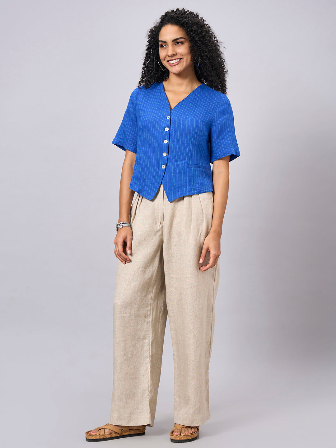 Women's Blue 100% Linen Slim Fit Blouse