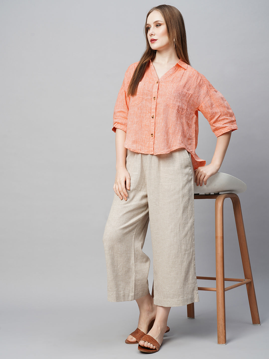Women's Orange Linen Loose Fit Blouse