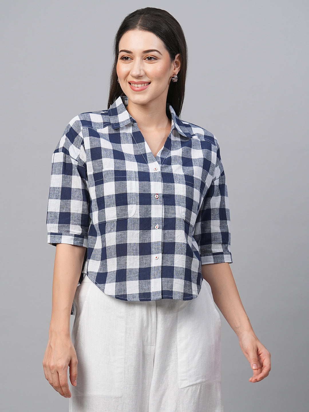 Women's Navy Cotton Linen Boxy Fit Blouse