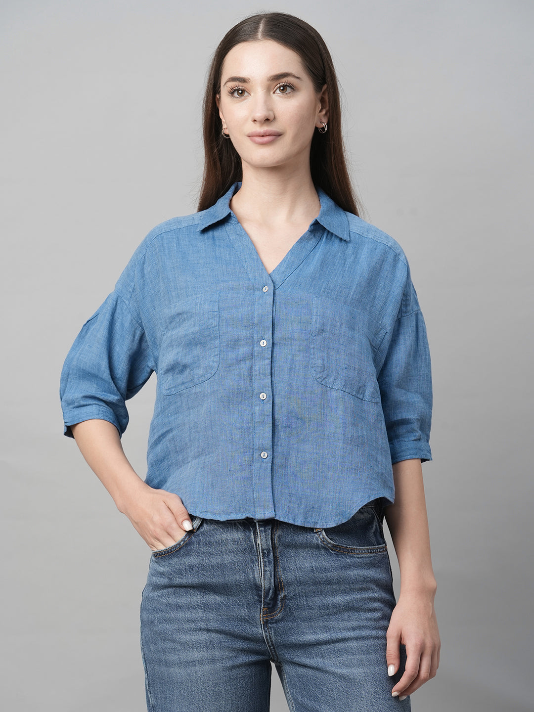 Women's Blue Linen Loose Fit Blouse