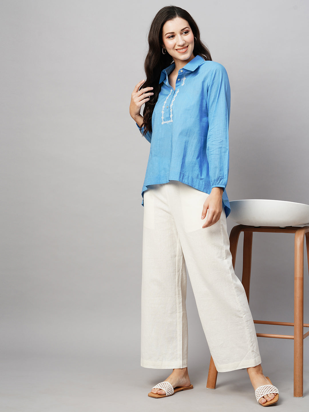 Women's Blue Cotton Regular Fit Blouse