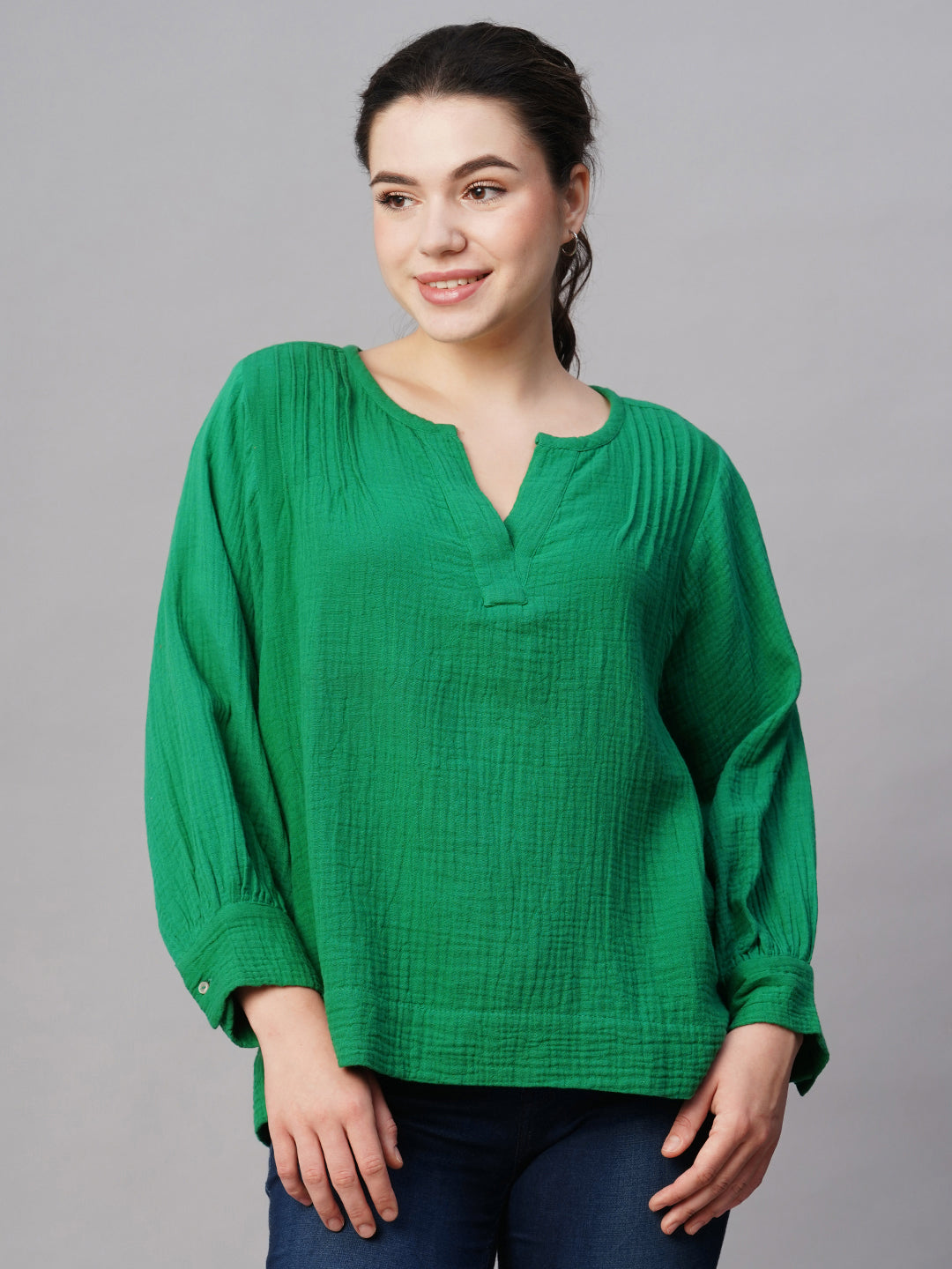 Women's Green Cotton Boxy Fit Blouse