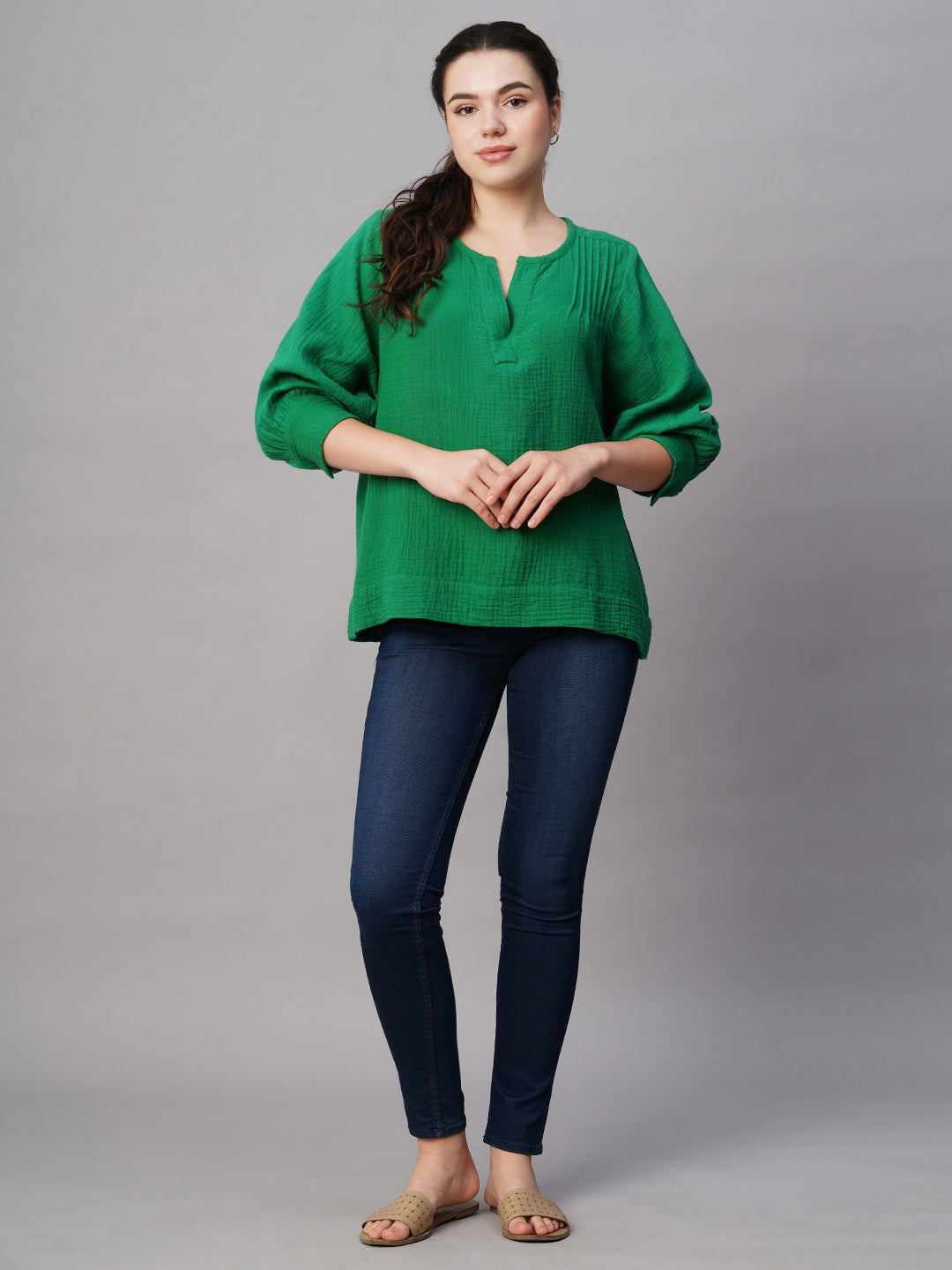 Women's Green Cotton Boxy Fit Blouse