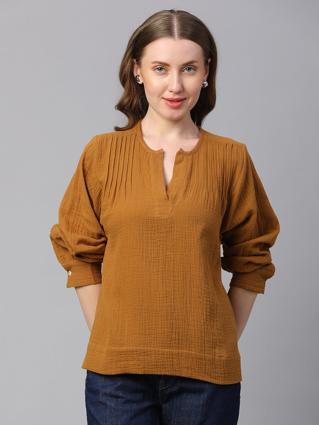 Women's Mustard Cotton Boxy Fit Blouse