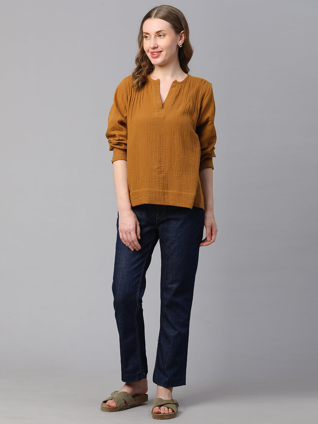 Women's Mustard Cotton Boxy Fit Blouse