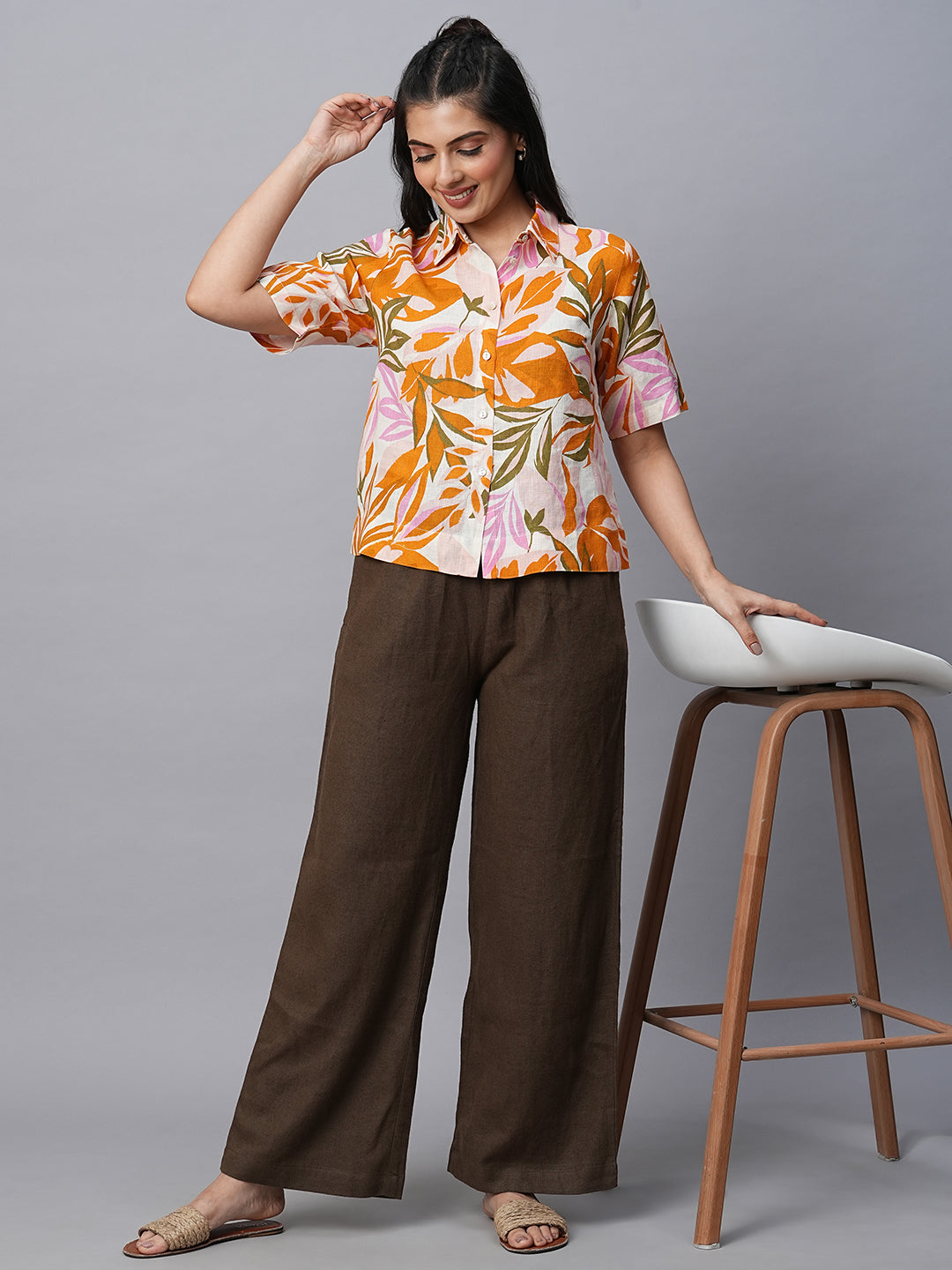 Women's Linen Orange Regular Fit Blouse