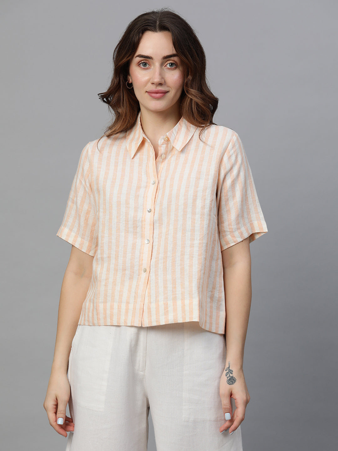 Women's Orange Linen Regular Fit Blouse