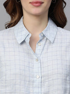 Women's Blue Linen Regular Fit Blouse