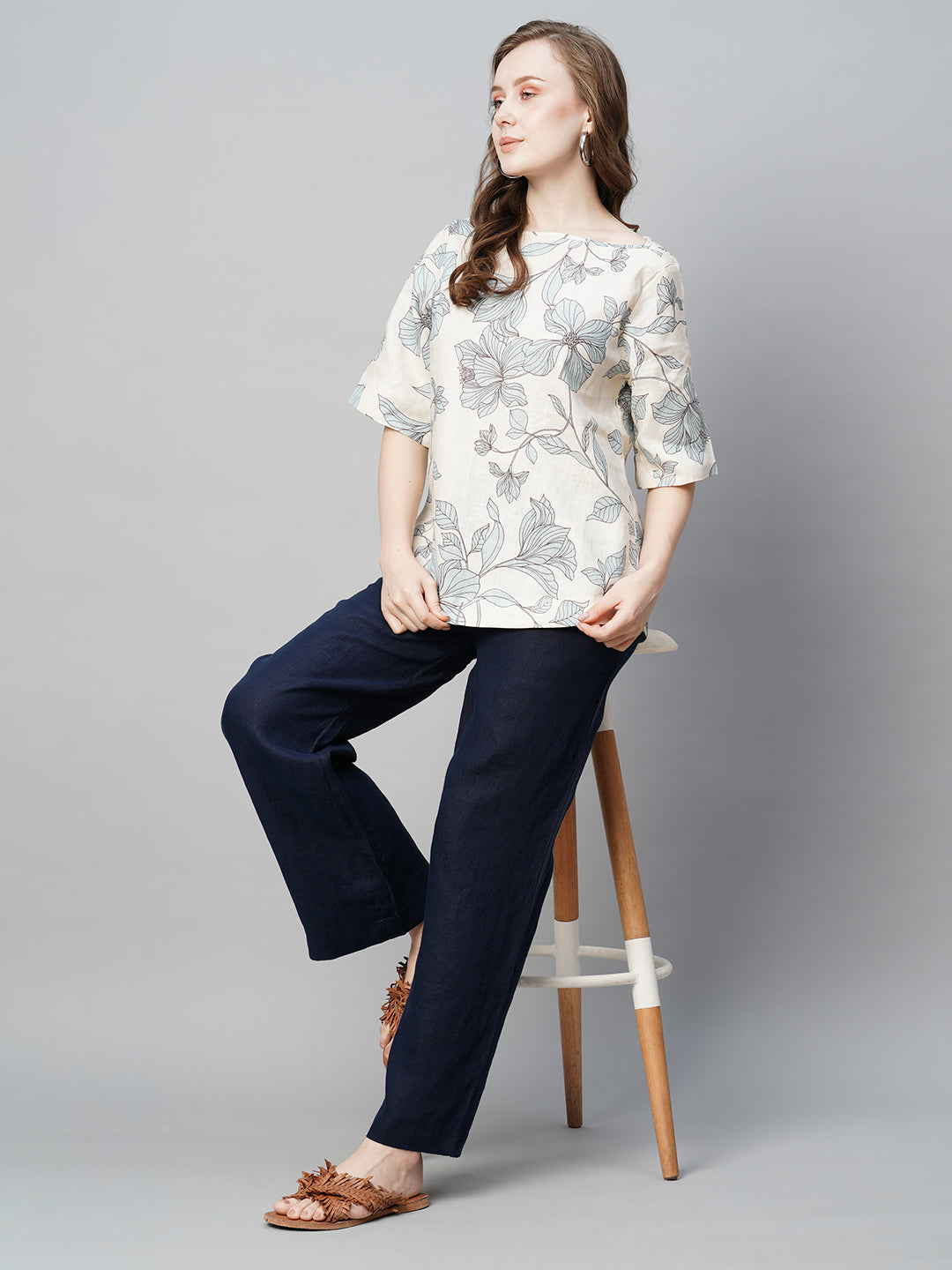 Women's Linen Blue Regular Fit Blouse