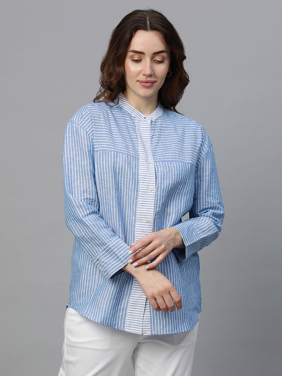 Women's Blue Linen Regular Fit Blouse
