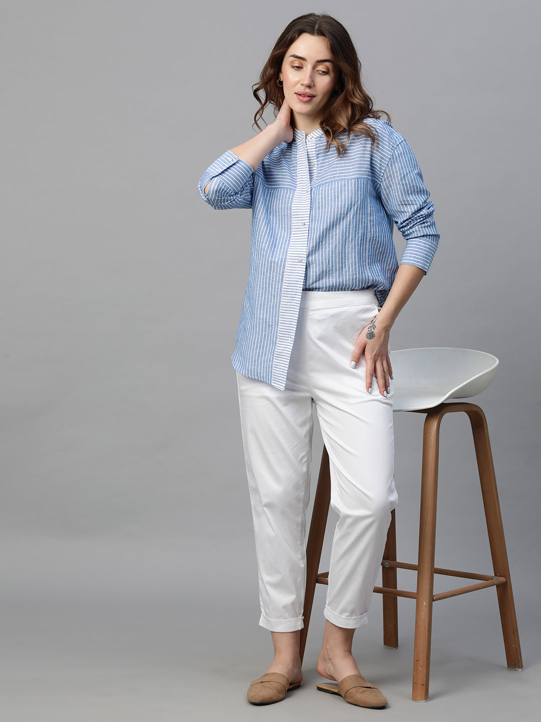 Women's Blue Linen Regular Fit Blouse