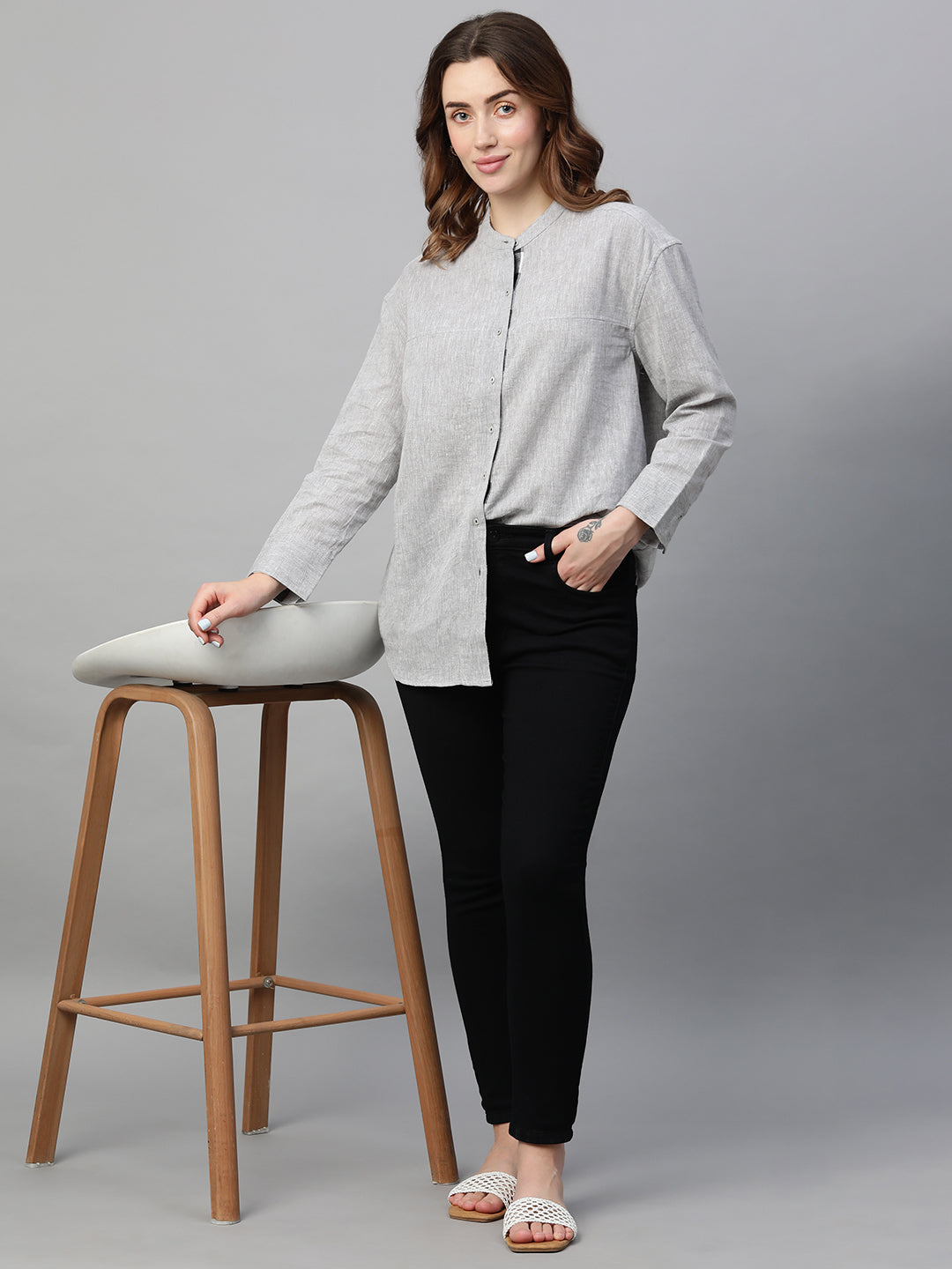 Women's Grey Cotton Linen Regular Fit Blouse