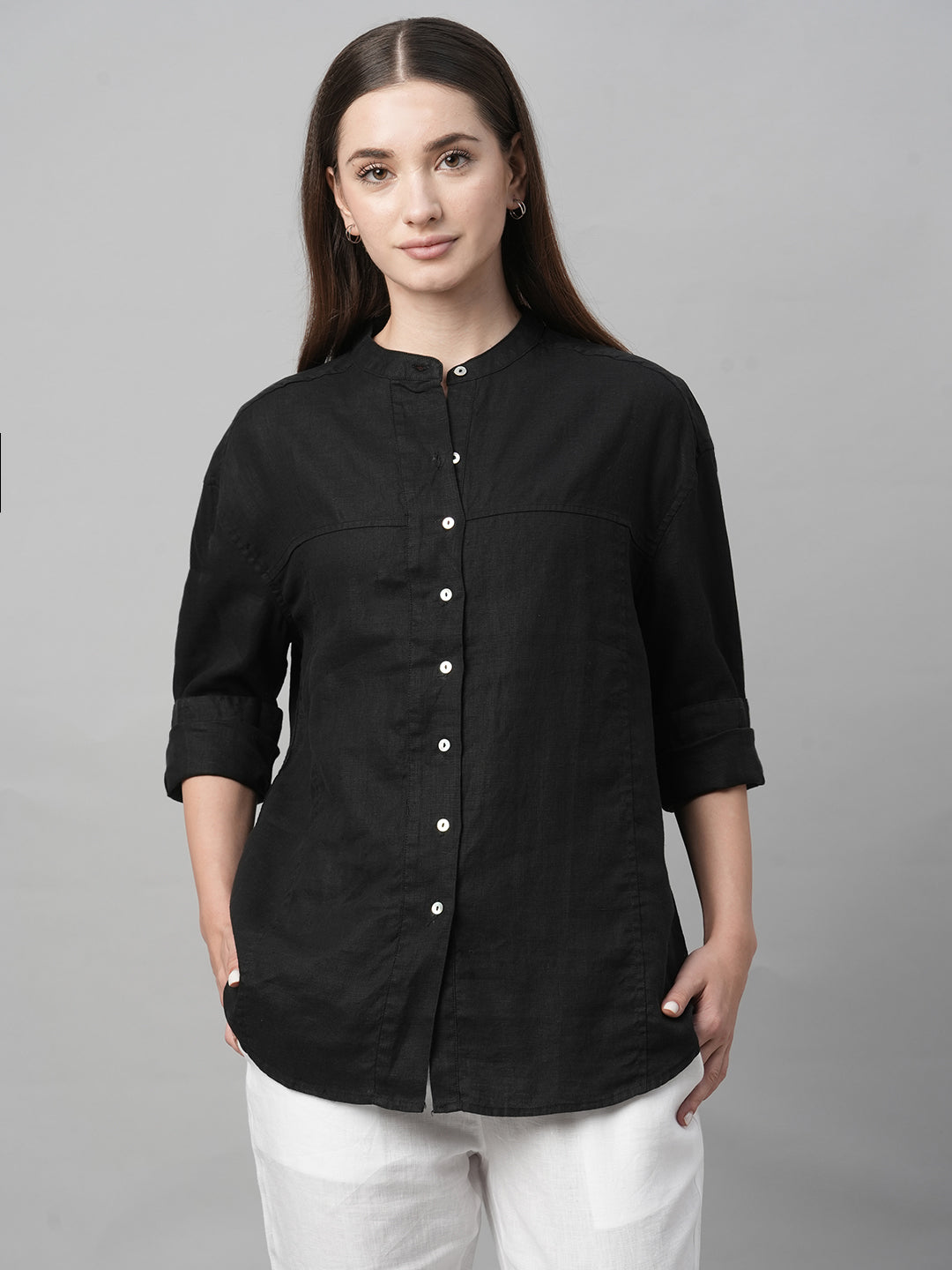 Women's Black Linen Loose Fit Blouse