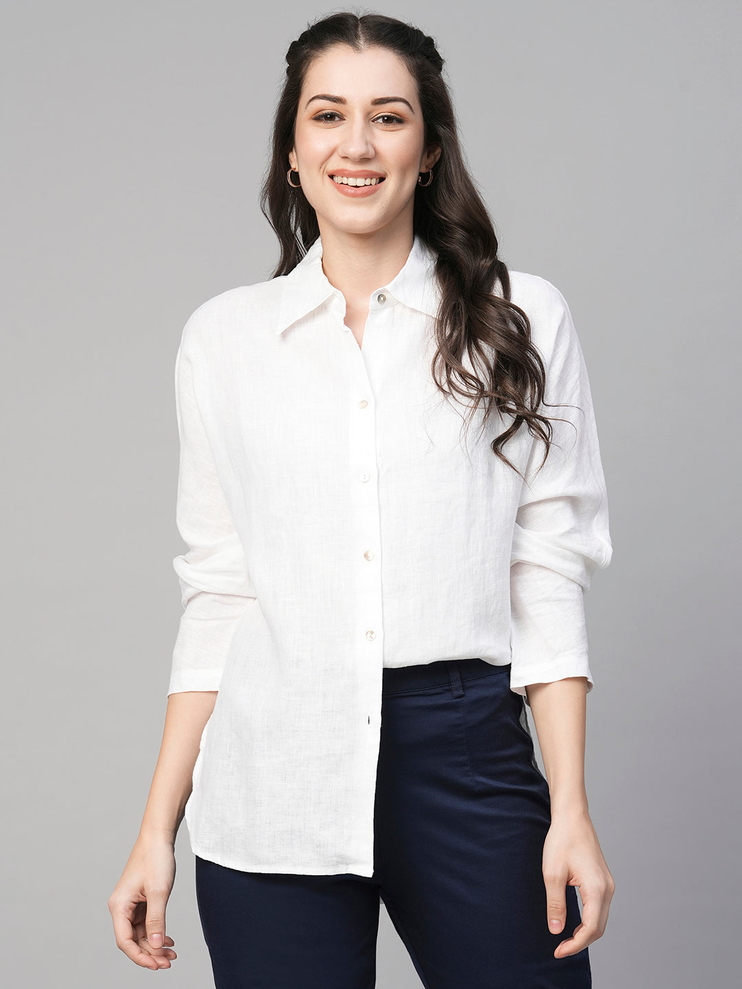 Women's White Linen Regular Fit Blouse