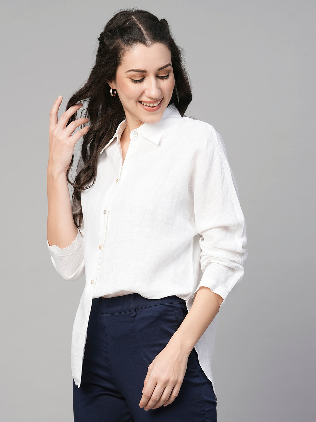 Women's White Linen Regular Fit Blouse
