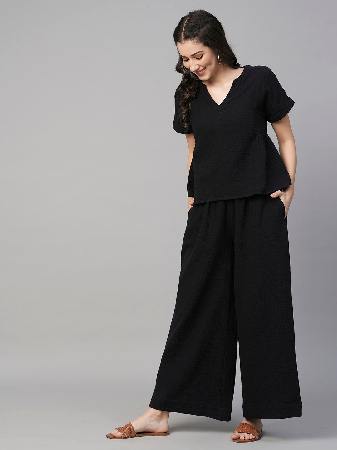 Women's Black Cotton Regular Fit Pant