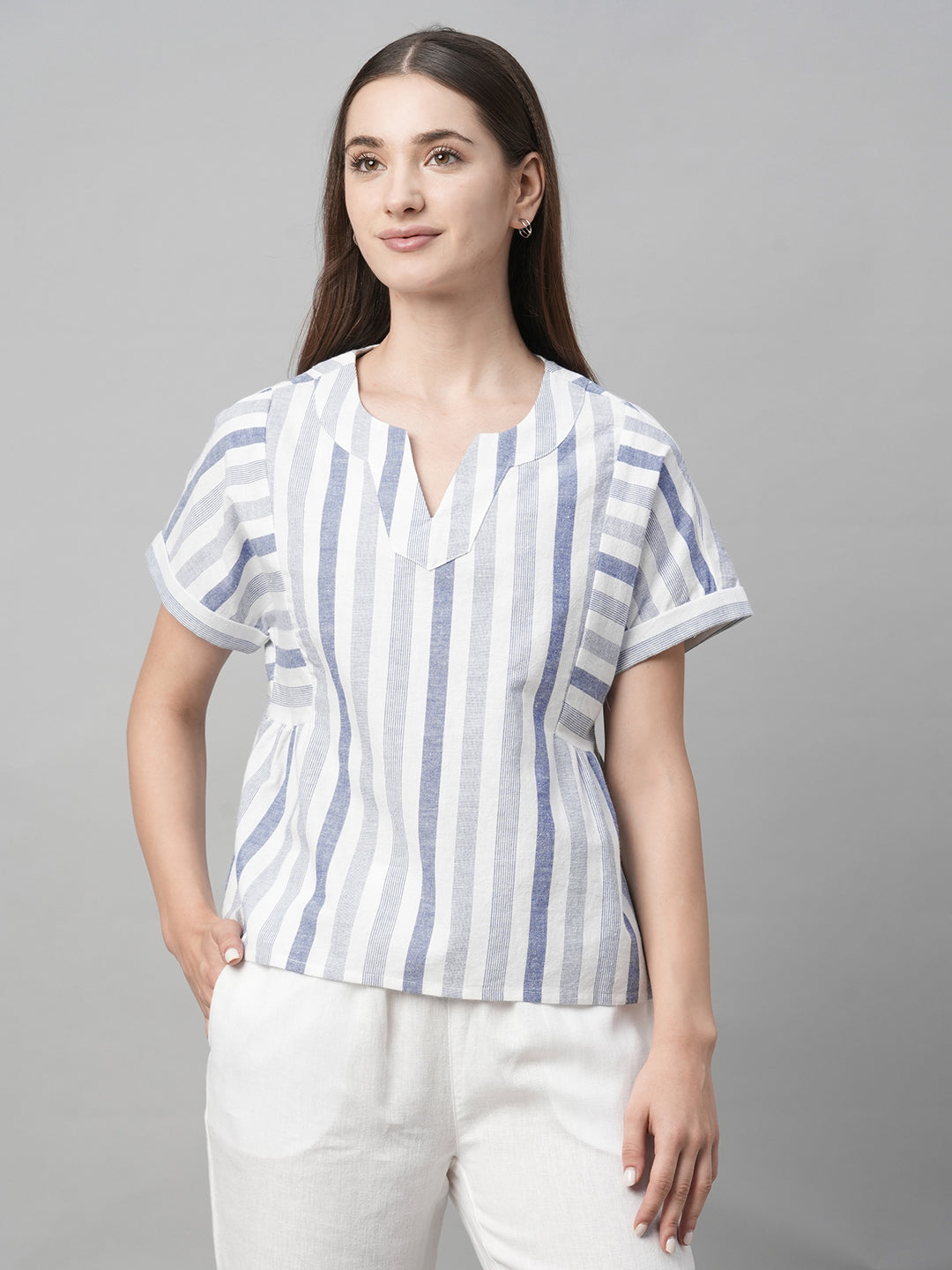 Women's Blue Cotton Linen Regular Fit Blouse