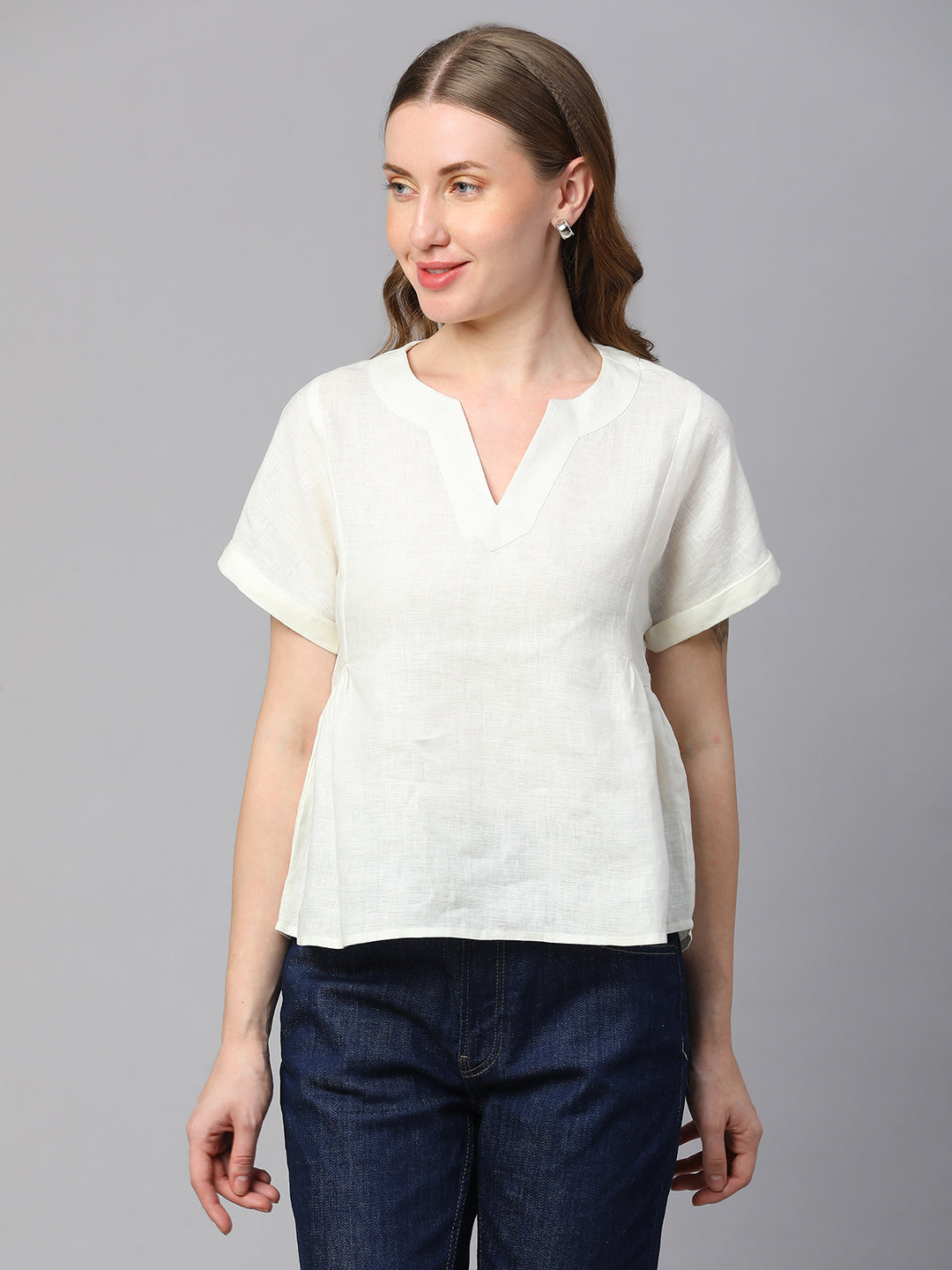 Women's White Linen Regular Fit Blouse