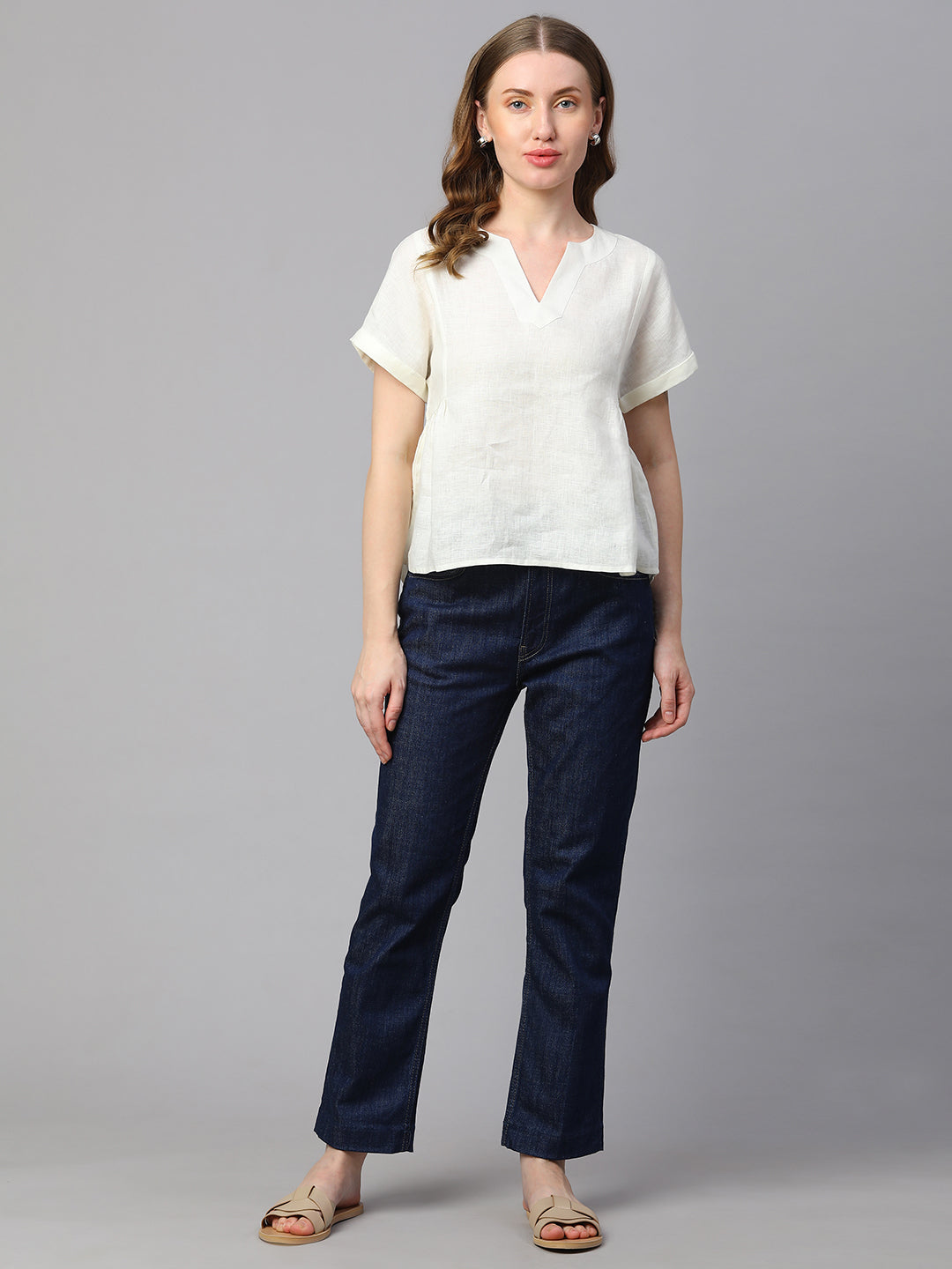 Women's White Linen Regular Fit Blouse