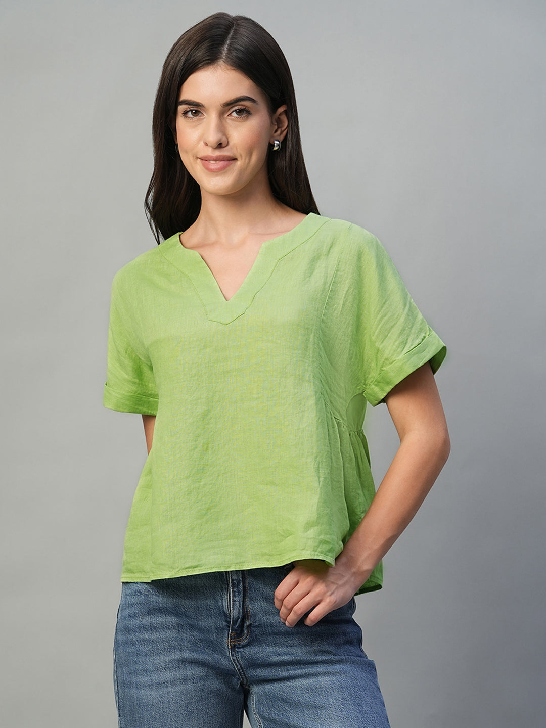 Women's Lime 100% Linen Regular Fit Blouse
