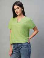 Women's Lime 100% Linen Regular Fit Blouse