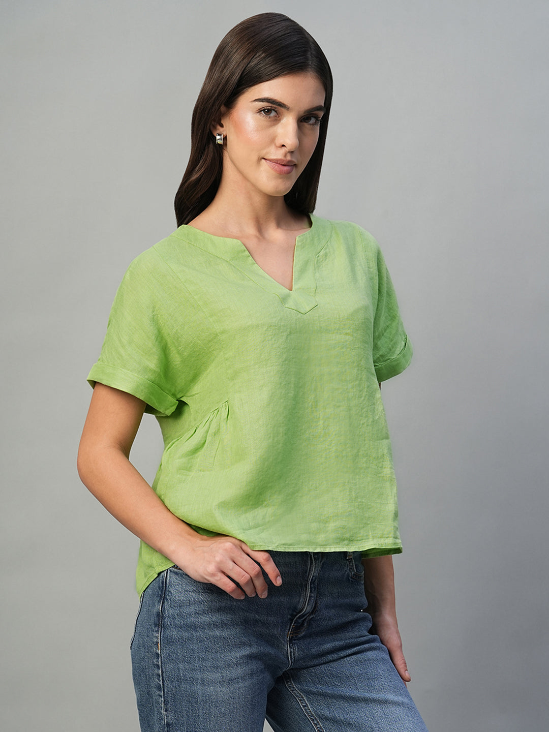 Women's Lime 100% Linen Regular Fit Blouse