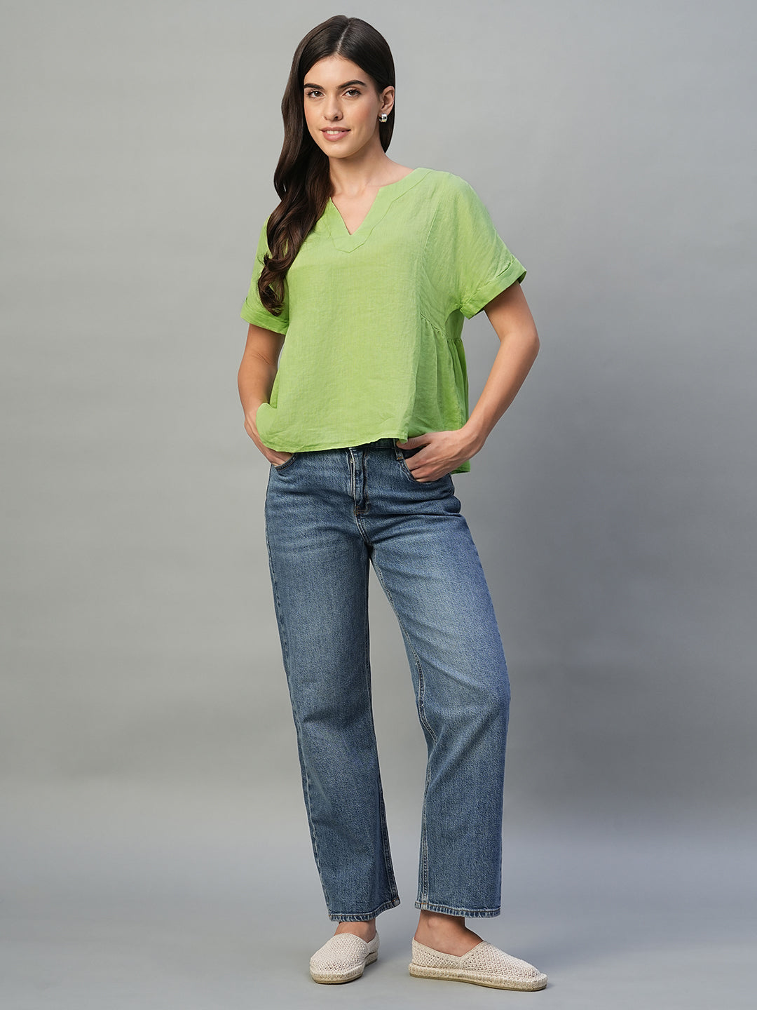 Women's Lime 100% Linen Regular Fit Blouse