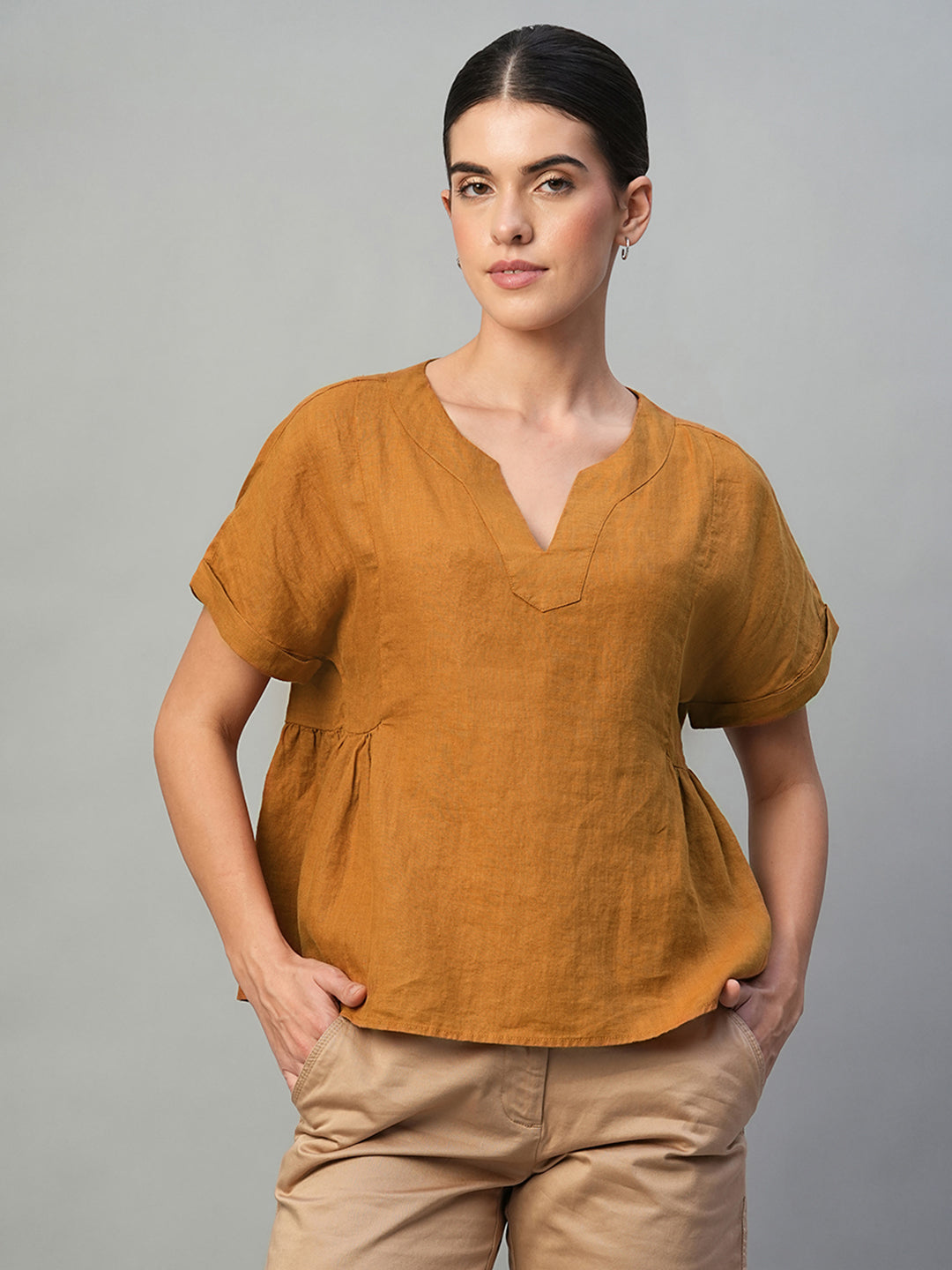 Women's Mustard 100% Linen Regular Fit Blouse