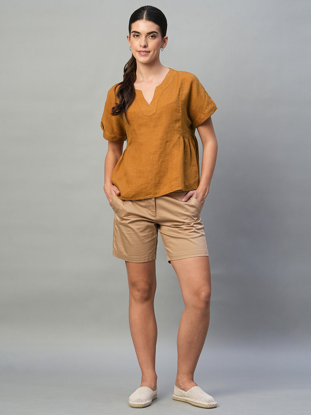 Women's Mustard 100% Linen Regular Fit Blouse