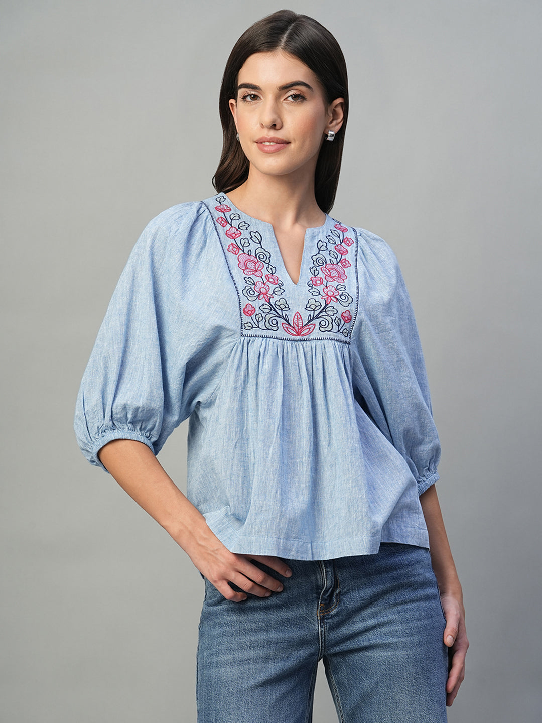Women's Blue Cotton Linen Regular Fit Blouse