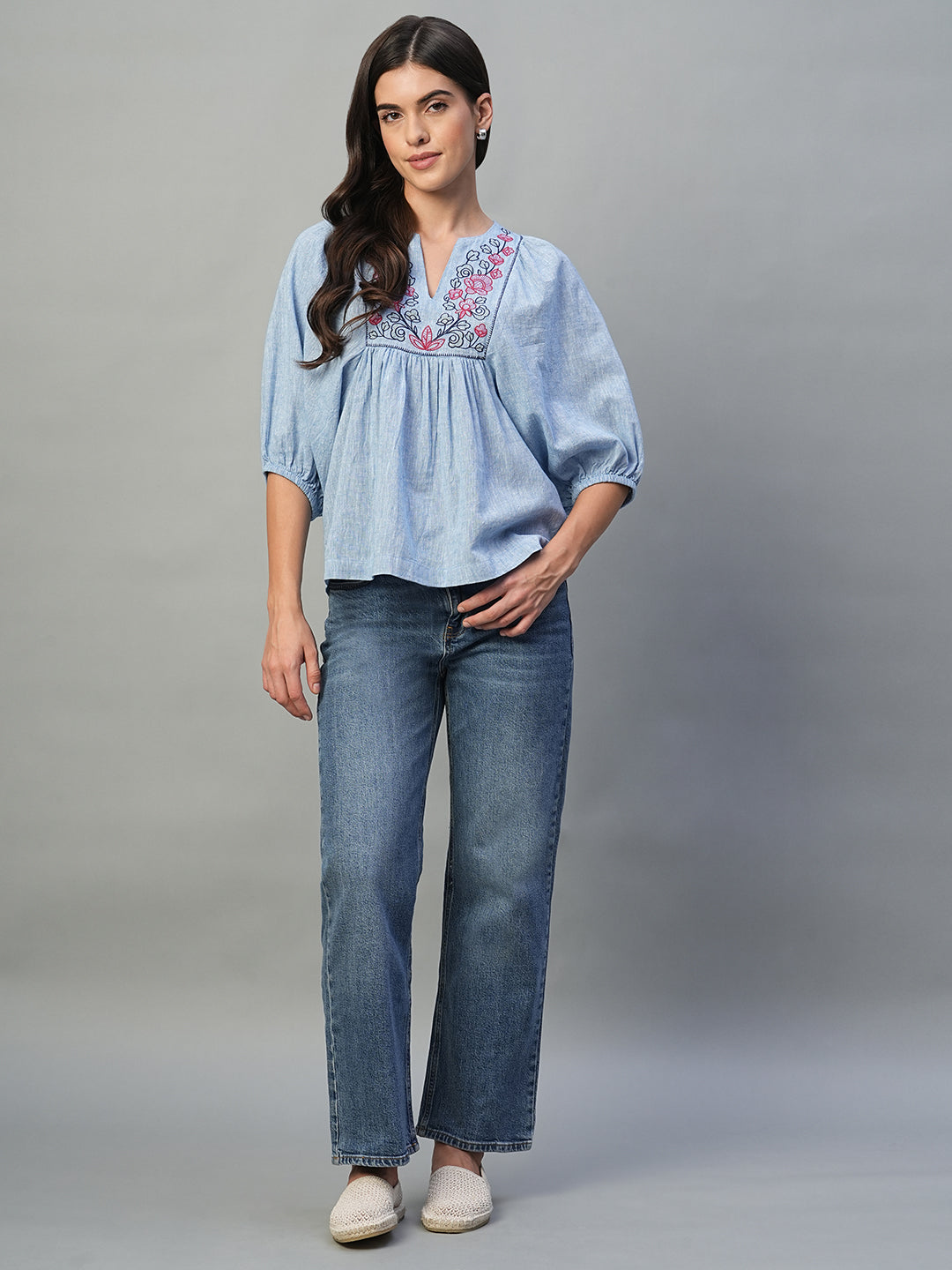 Women's Blue Cotton Linen Regular Fit Blouse