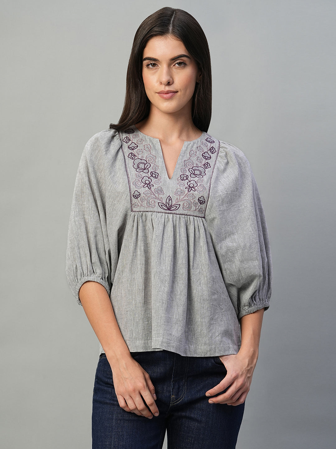 Women's Grey Cotton Linen Regular Fit Blouse