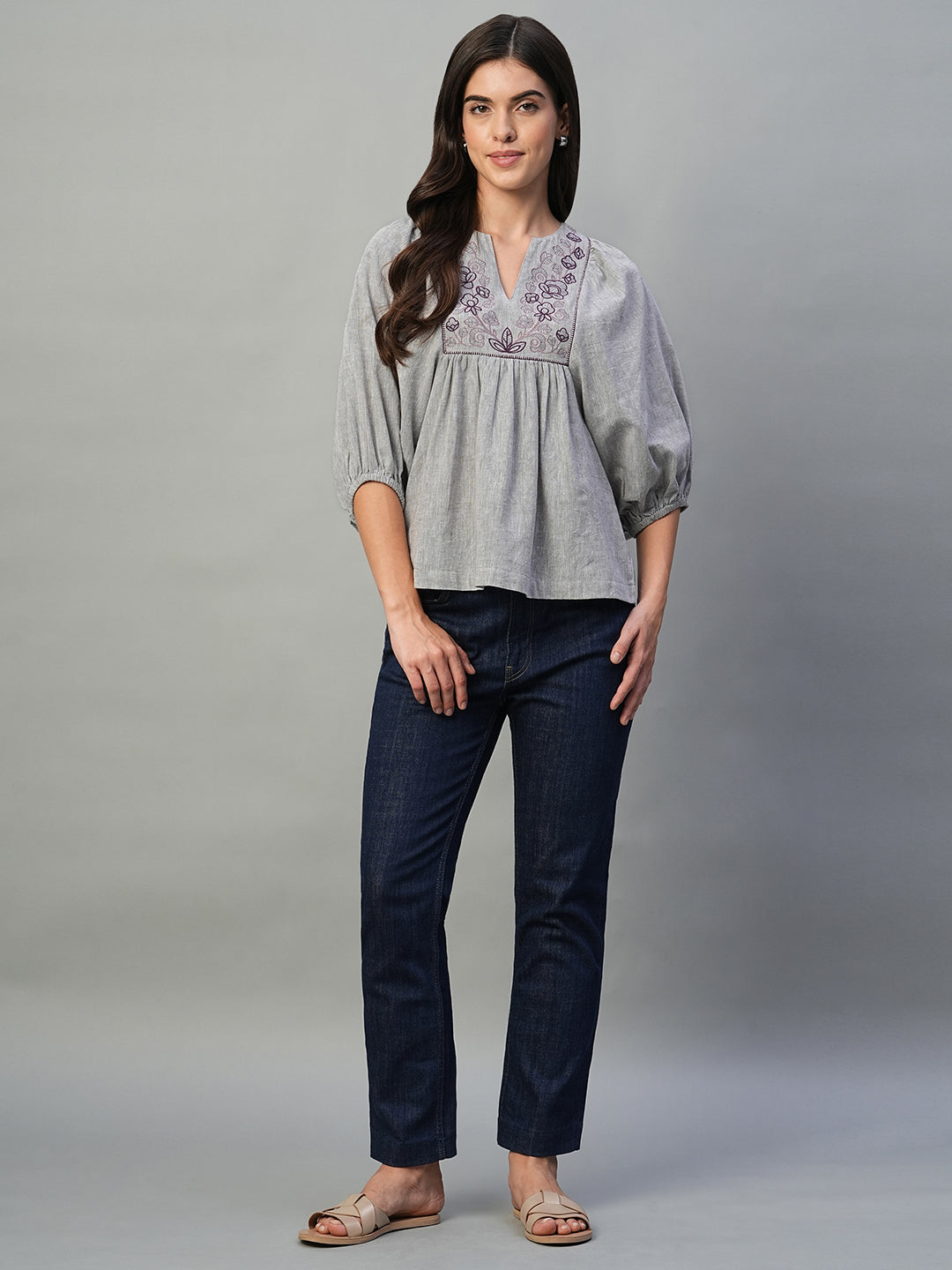 Women's Grey Cotton Linen Regular Fit Blouse