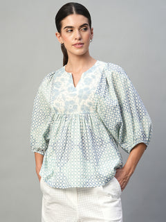 Women's 100% Cotton Regular Fit Printed Balloon Sleeve Blouse Blue