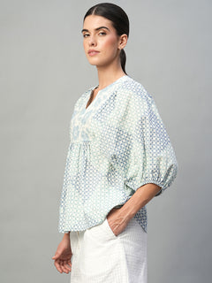 Women's 100% Cotton Regular Fit Printed Balloon Sleeve Blouse Blue