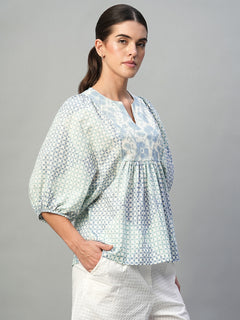 Women's 100% Cotton Regular Fit Printed Balloon Sleeve Blouse Blue