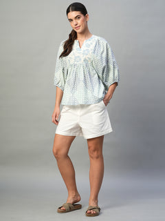 Women's 100% Cotton Regular Fit Printed Balloon Sleeve Blouse Blue