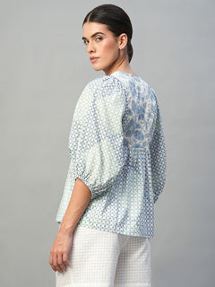 Women's 100% Cotton Regular Fit Printed Balloon Sleeve Blouse Blue