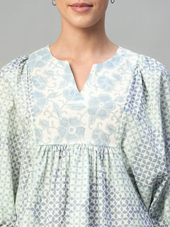 Women's 100% Cotton Regular Fit Printed Balloon Sleeve Blouse Blue