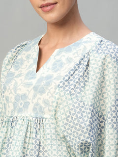 Women's 100% Cotton Regular Fit Printed Balloon Sleeve Blouse Blue