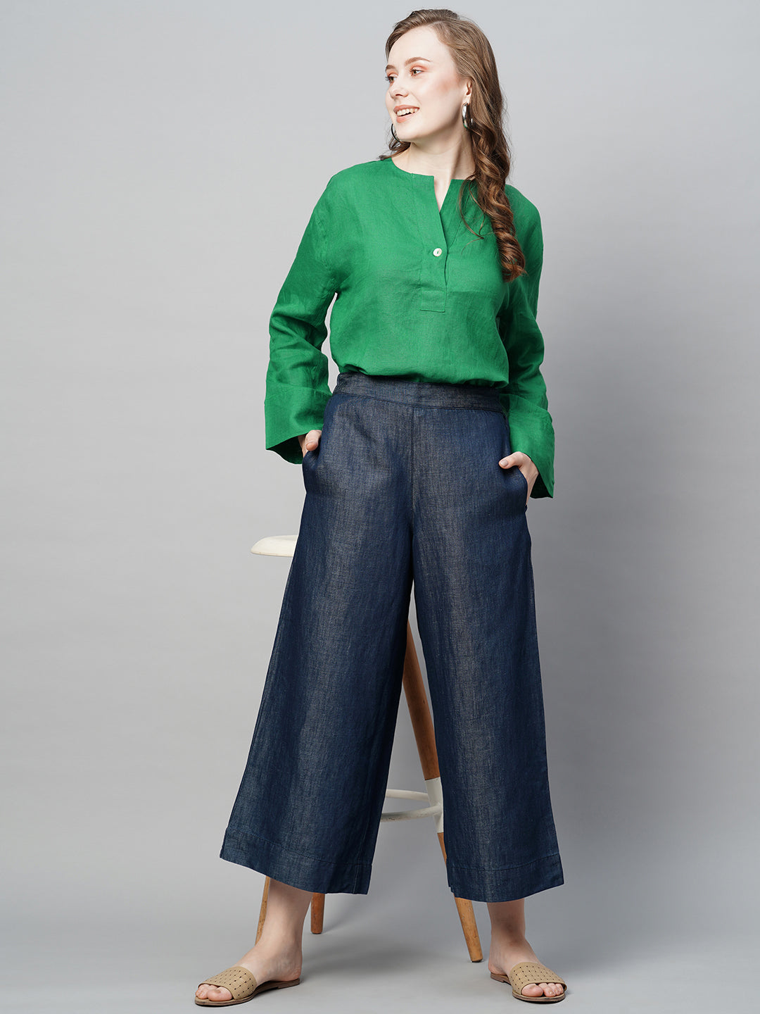 Women's Linen Green Regular Fit Blouse