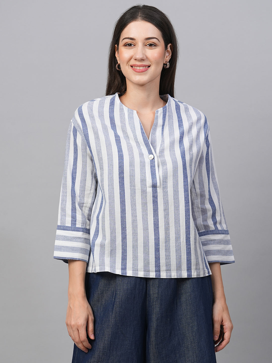 Women's Blue Cotton Linen Regular Fit Blouse