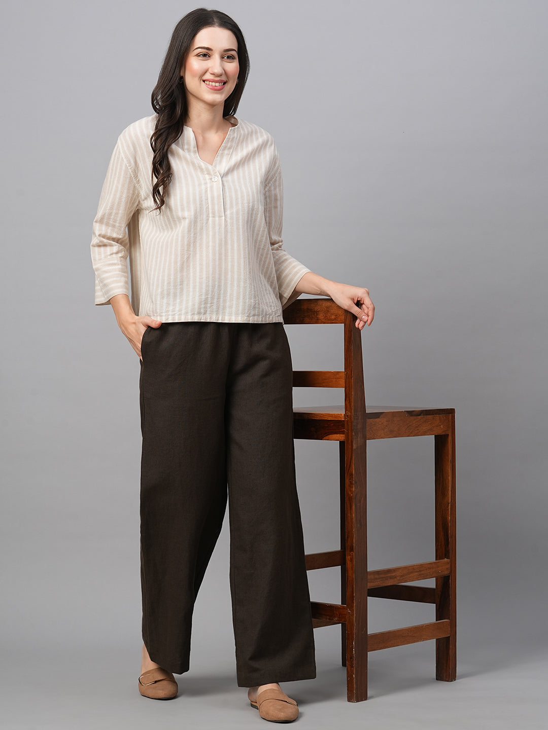 Women's Khaki Cotton Linen Regular Fit Blouse