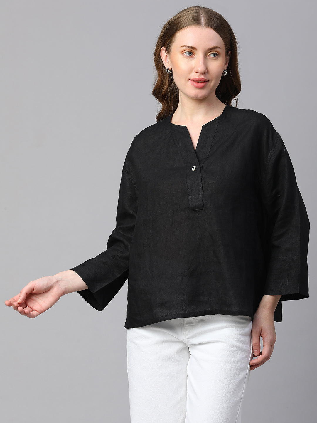 Women's Black Linen Boxy Fit Blouse