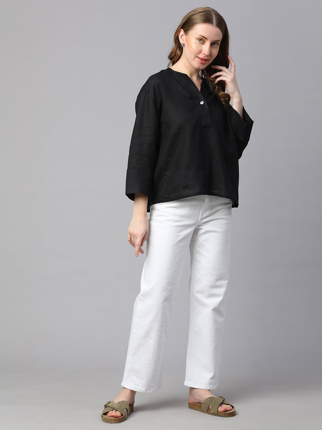 Women's Black Linen Boxy Fit Blouse