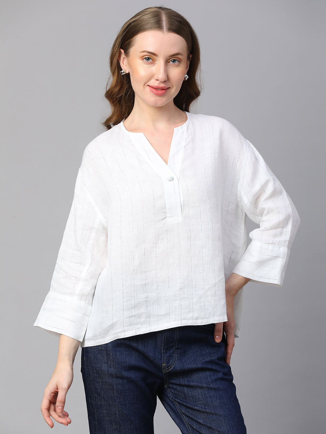Women's White 100% Linen Boxy Fit Blouse