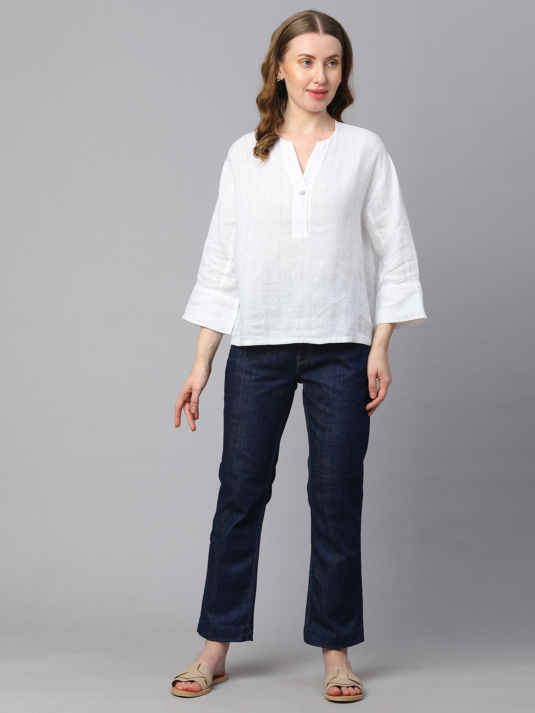 Women's White 100% Linen Boxy Fit Blouse